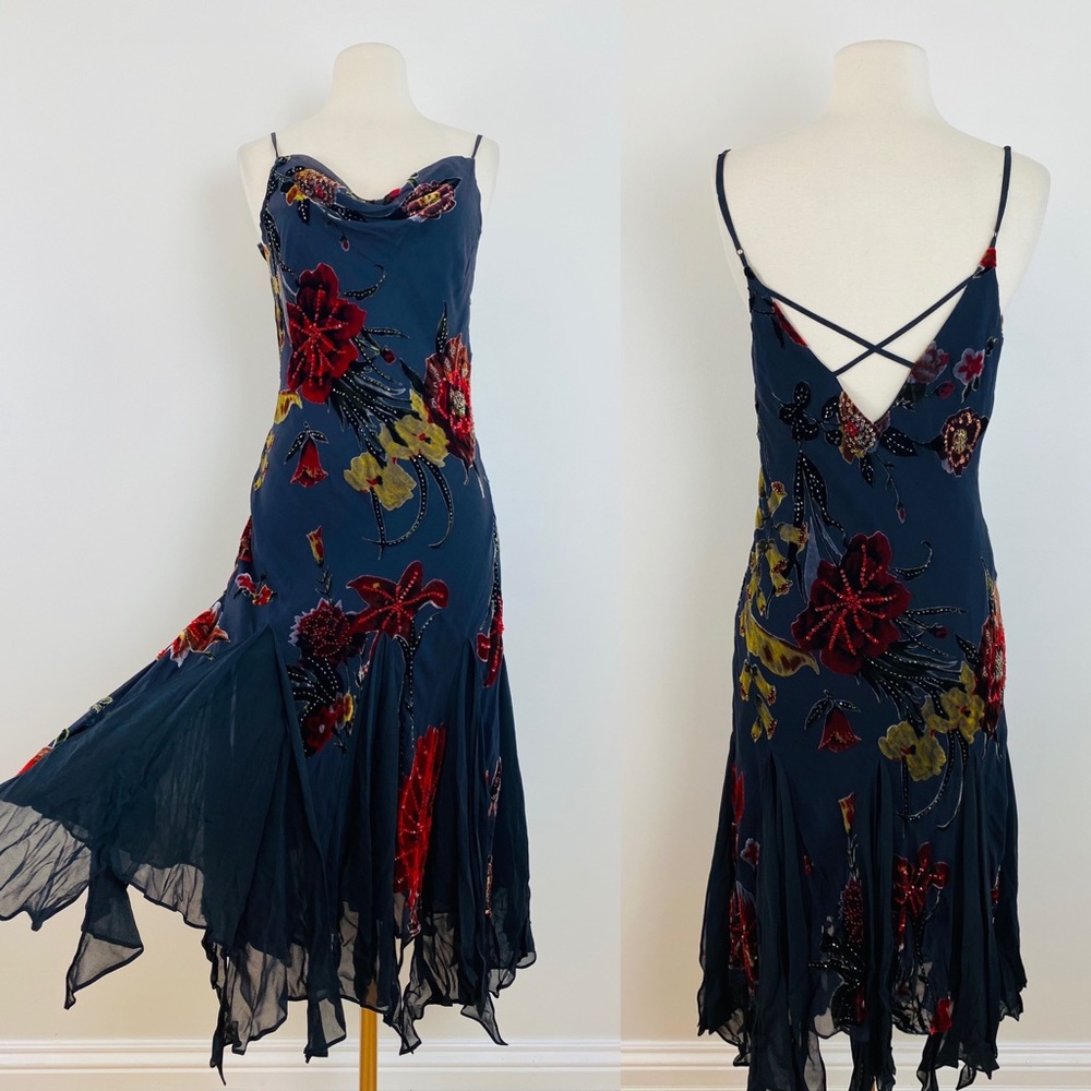 Vintage 90s Y2K bias silk velvet floral burnout Sue Wong midi dress